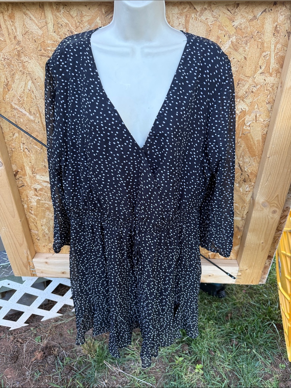 Trixxi Black Dress with White Dot Print - Long Sleeve V-Neck